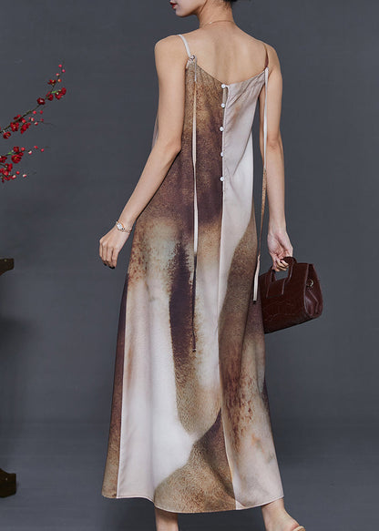 Brown Tie Dye Draping Silk Spaghetti Strap Dress Summer