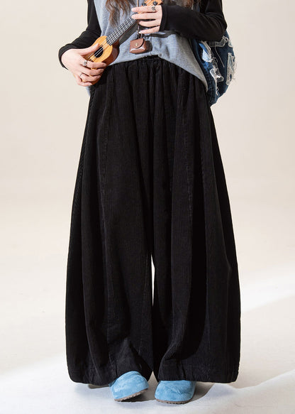 Black Elastic Waist Corduroy Wide Leg Pants Fall