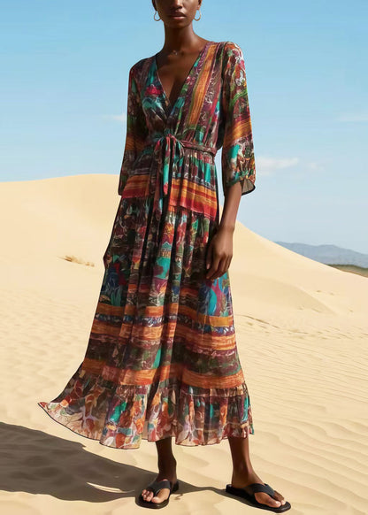 Chocolate Tie Waist Print Chiffon Dress Bracelet Sleeve