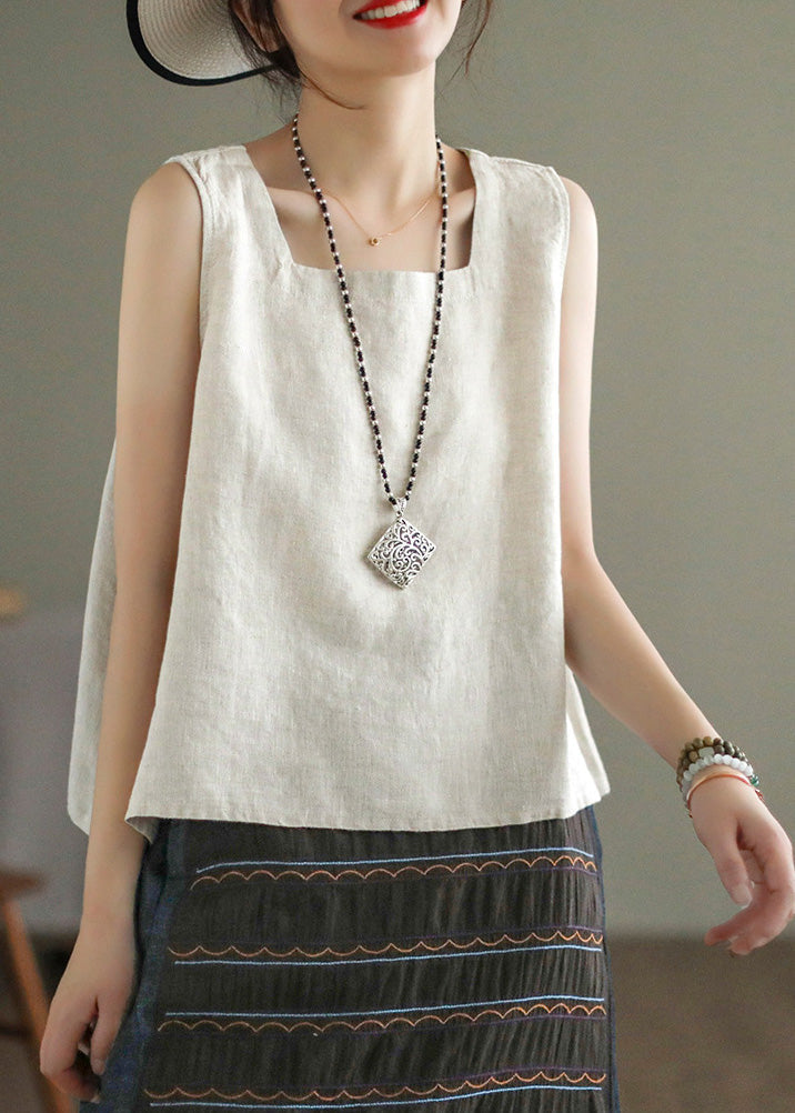 Loose Linen Colour Square Collar Linen Tops Summer