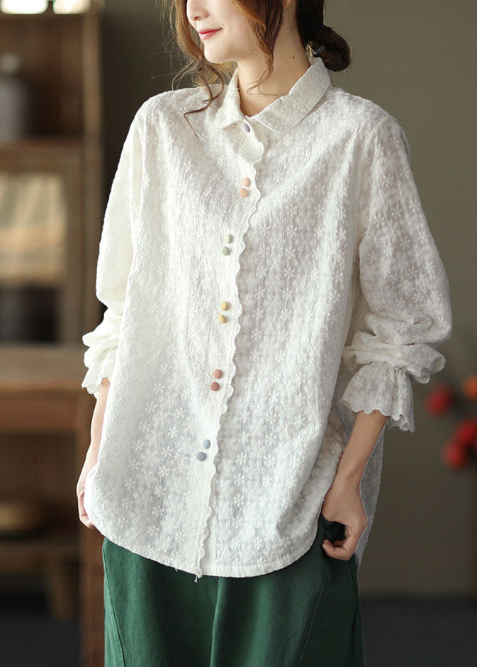 Classy White Peter Pan Collar Embroidered Cotton Shirts Top Long Sleeve