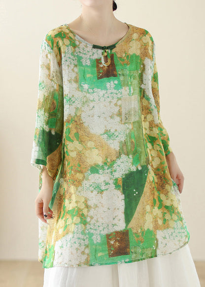 Loose Red O Neck Print Side Open Cotton Shirts Spring