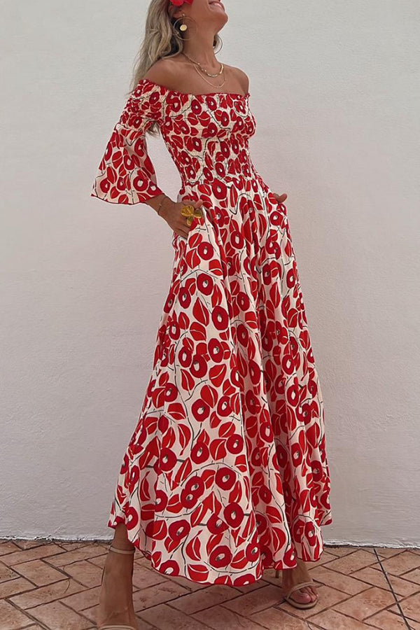 Close to the Vacation Print Smocked Off Shoulder Pocketed Maxi Dress