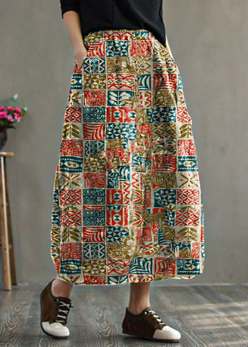 Red Elastic Waist Patchwork Print Fine Cotton Filled Skirt Winter