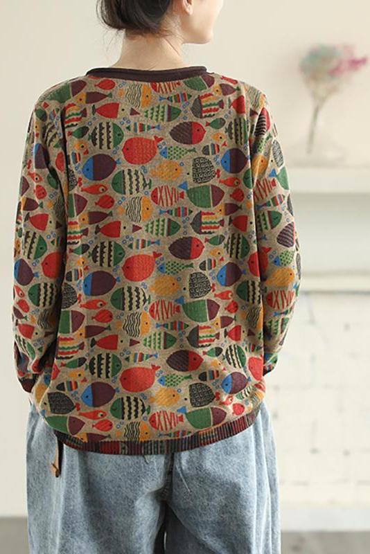Round Neck Fish Print Knitted T-shirt