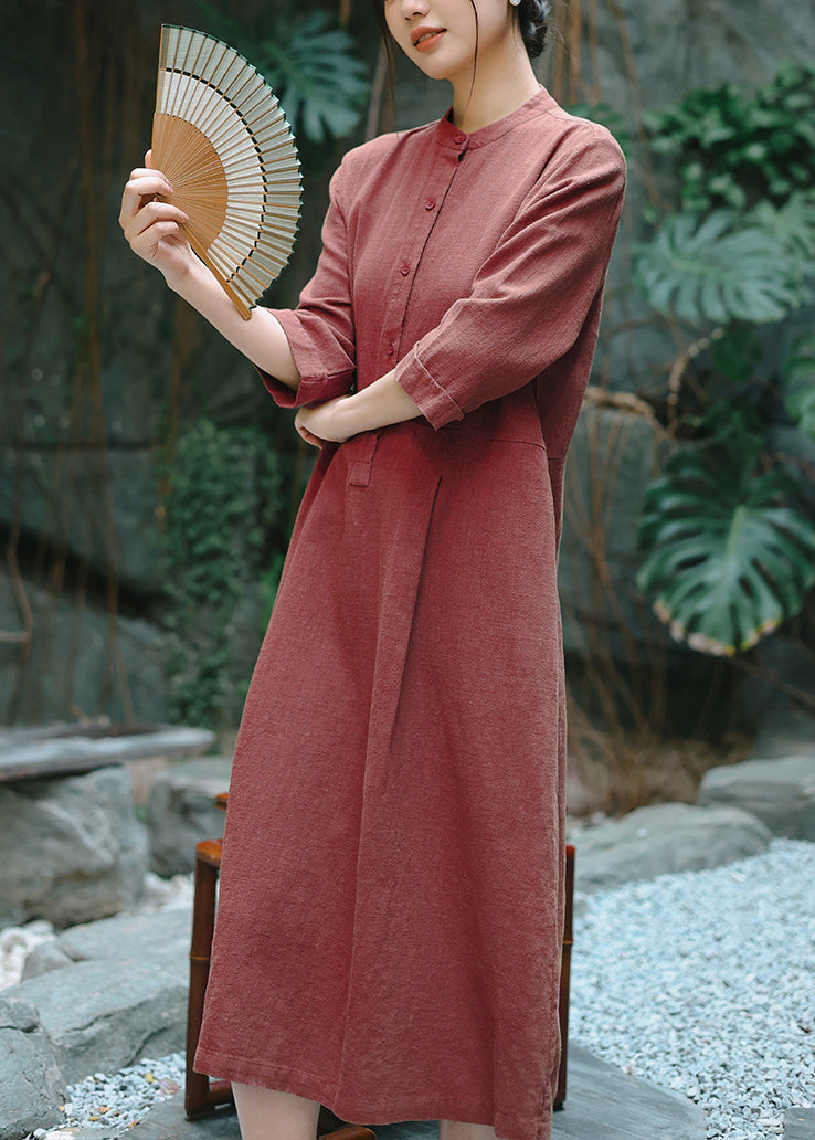 Chinese Style Brown Stand Collar Button Linen Dresses Bracelet Sleeve