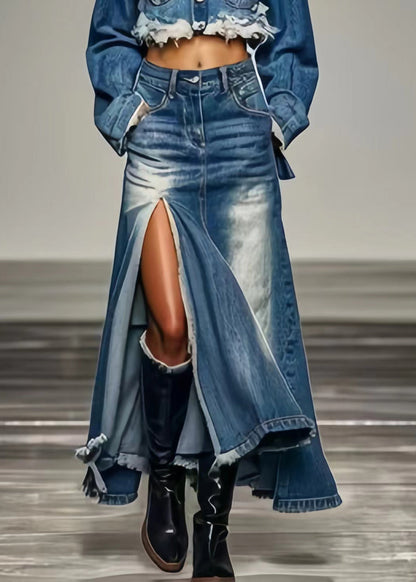 Blue Pockets Side Open a Line Skirts Summer