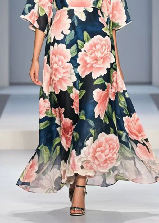 Navy V Neck Chiffon Long Dress Summer