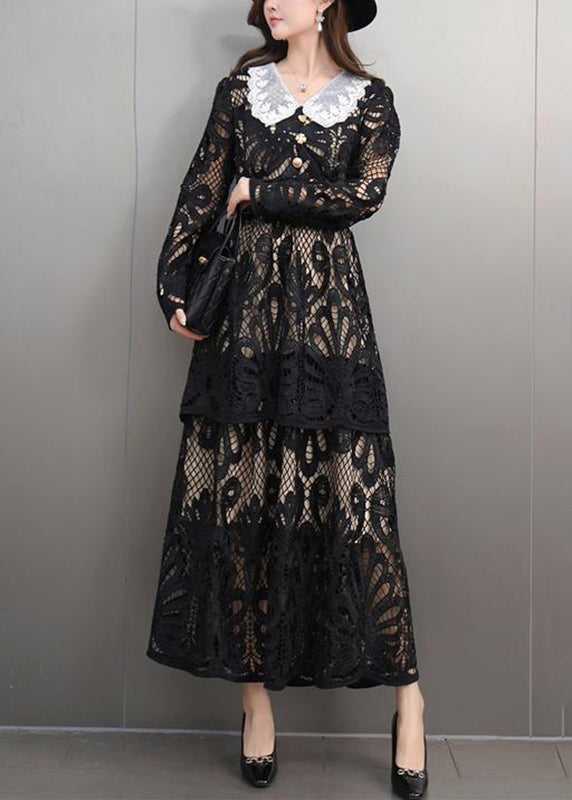 Black Peter Pan Collar Lace Long Dress Spring