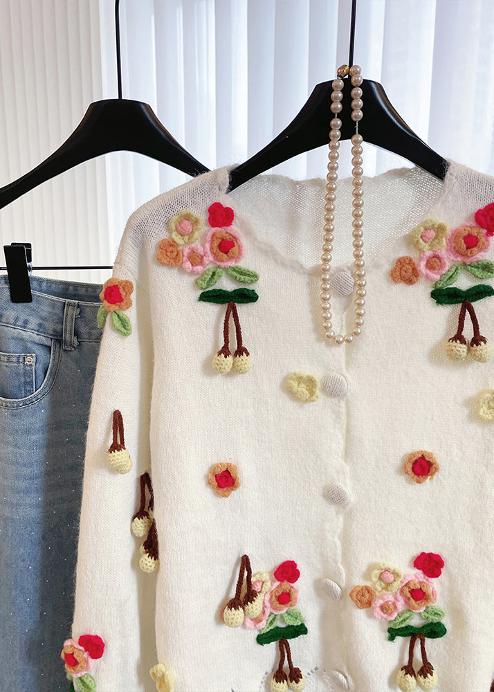 White Fuzzy Ball Decorated Warm Knit Cardigan Winter