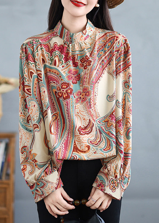 Stand Collar Print Cotton Shirt Tops Fall