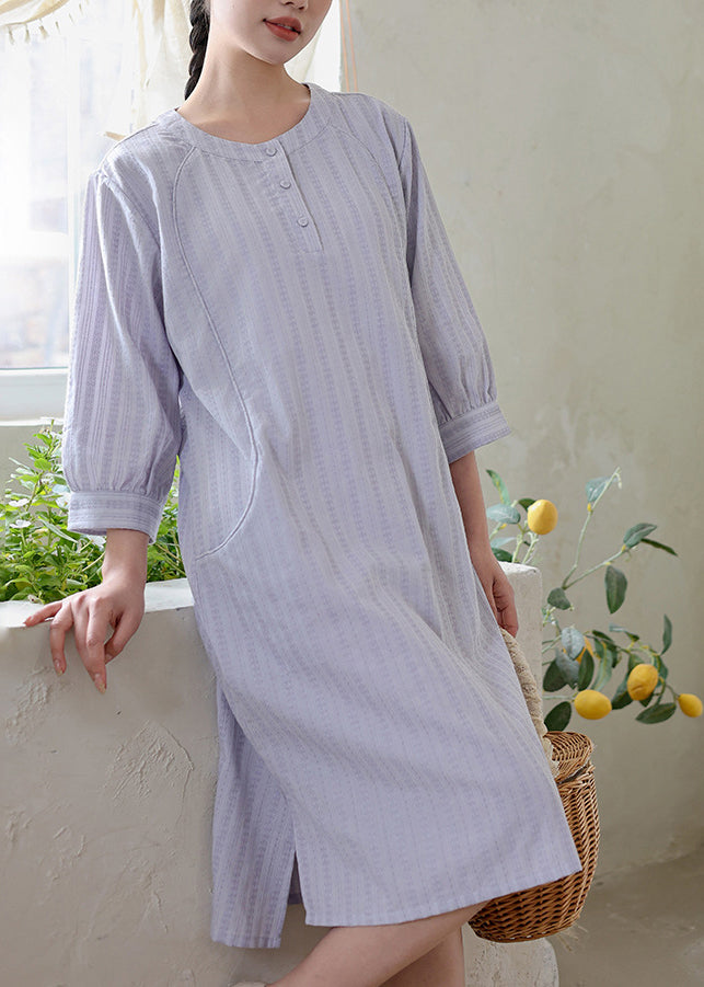 Original Loose Light Purple O Neck Cotton Dress Spring