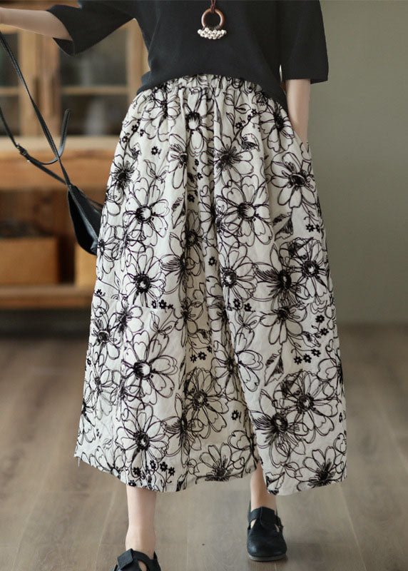Beige Wrinkled Embroidered Linen Skirt Summer