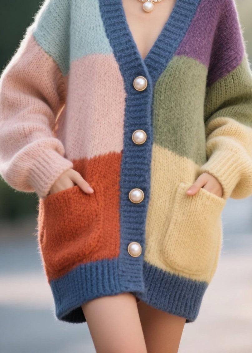 Colorblock Button Pockets Patchwork Knit Cardigan Fall