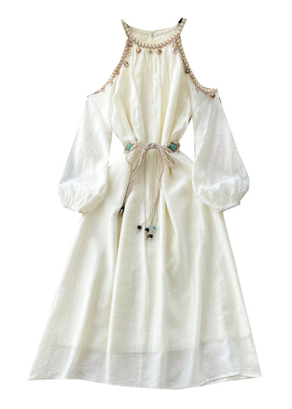 Italian Beige Cold Shoulder Tie Waist Chiffon Dresses Summer