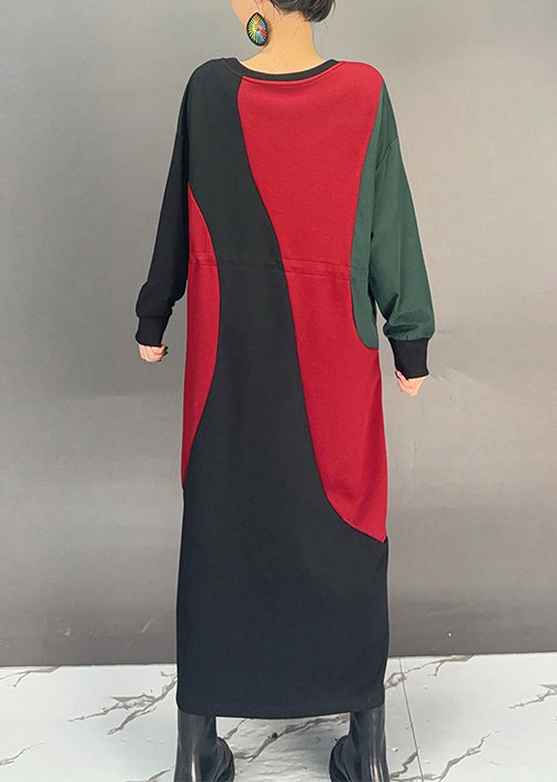 Colorblock O Neck Drawstring Cotton Dress Fall