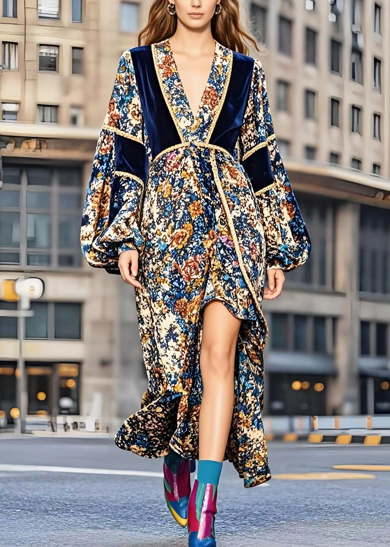 Patchwork Low High Design Silk Velvet Vestidos Dress Lantern Sleeve