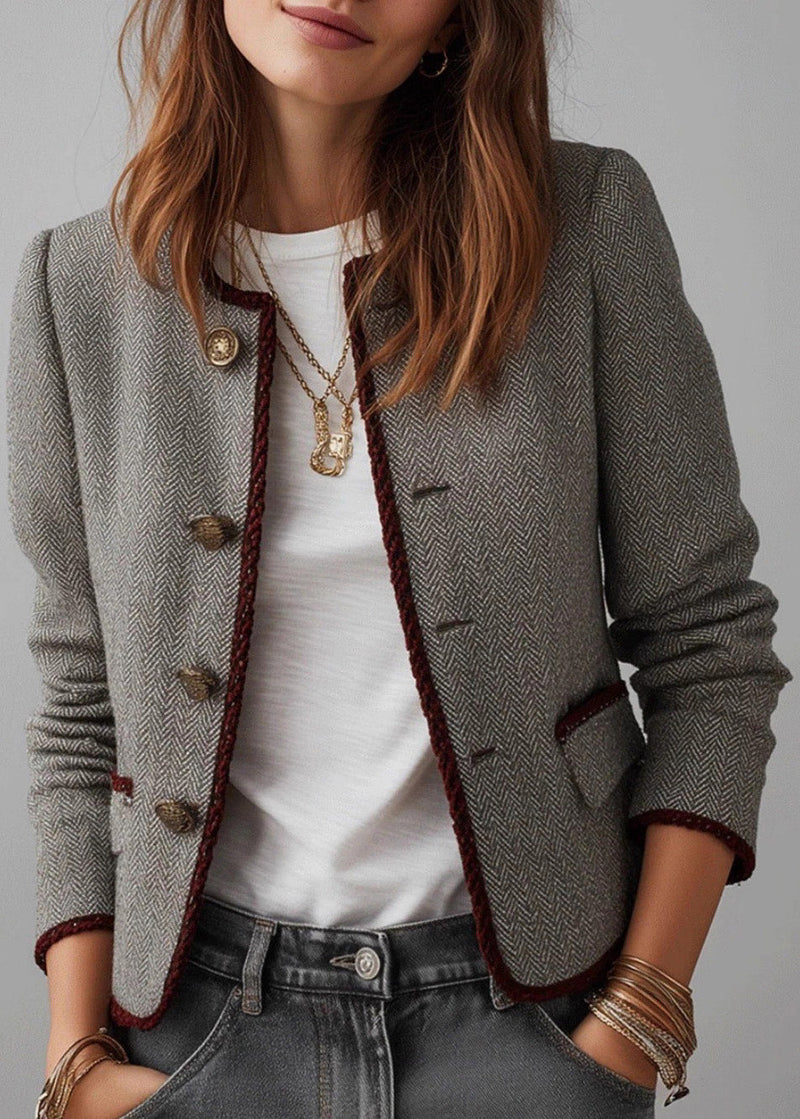 Grey O Neck Button Cotton Short Coat Fall