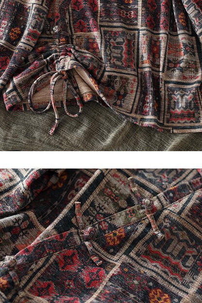 Retro Drawstring Print Cotton Blouse