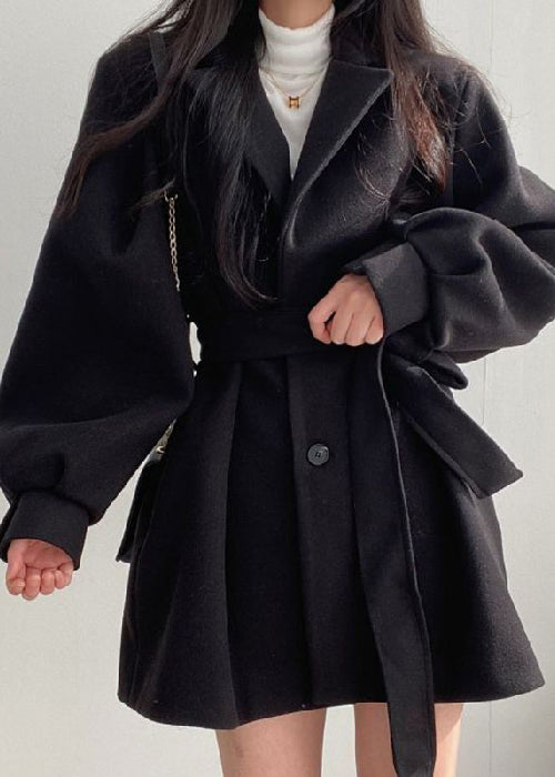Style Black Peter Pan Collar Tie Waist Woolen Coat Lantern Sleeve