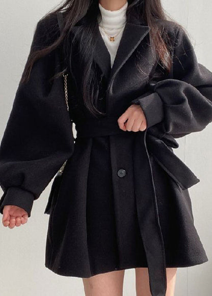 Style Black Peter Pan Collar Tie Waist Woolen Coat Lantern Sleeve