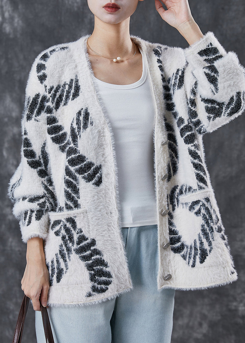 Black V Neck Print Knit Loose Coat Spring