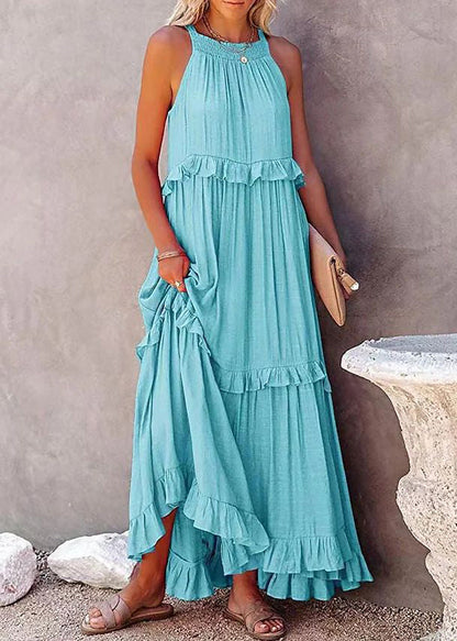 Navy Ruffled Patchwork Cotton Long Dresses Sleeveless