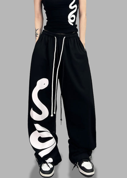 Black Print Elastic Waist Cotton Sport Pants Spring
