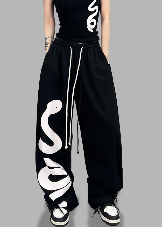 Black Print Elastic Waist Cotton Sport Pants Spring