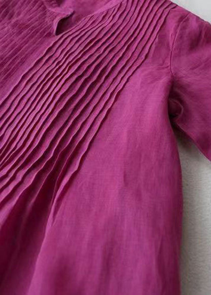 French Rose V Neck Wrinkled Pockets Patchwork Linen Dresses Summer