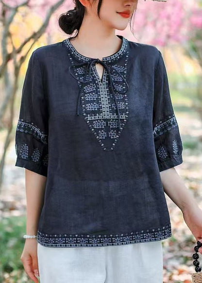 Navy Embroidered Linen Blouses Summer