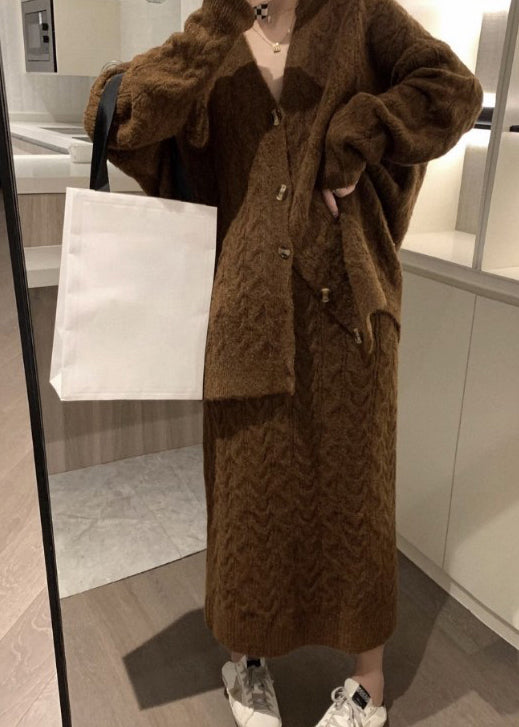 French Khaki V Neck Cardigans and Skirts Knit Two Pieces Set Winter