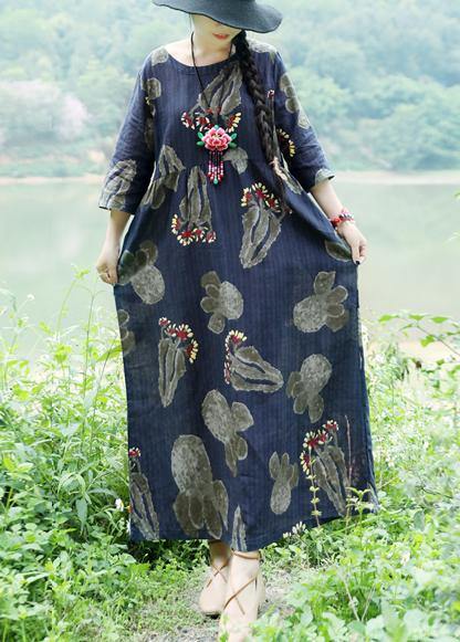 Loose Navy Cotton Linen Robes Sleeve Prints Summer Dress
