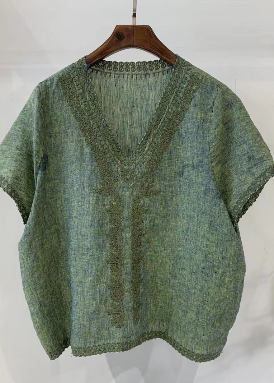 Unique Light Blue V Neck Embroidered Linen Shirt Tops Summer