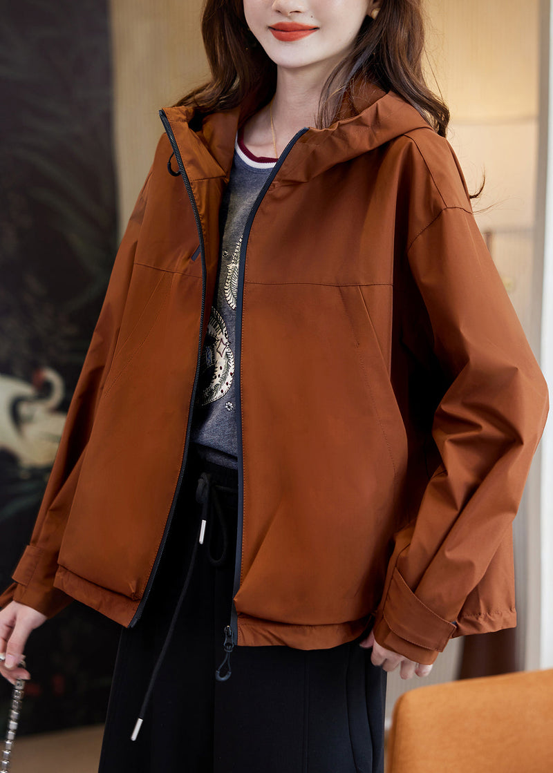 Caramel Zippered Patchwork Hooded Coats Fall