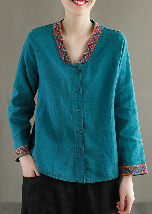 Blue V Neck Embroidered Patchwork Linen Shirts Top Spring