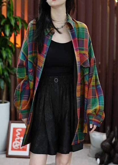 Peter Pan Collar Pockets Plaid Cotton Shirts Coats Fall