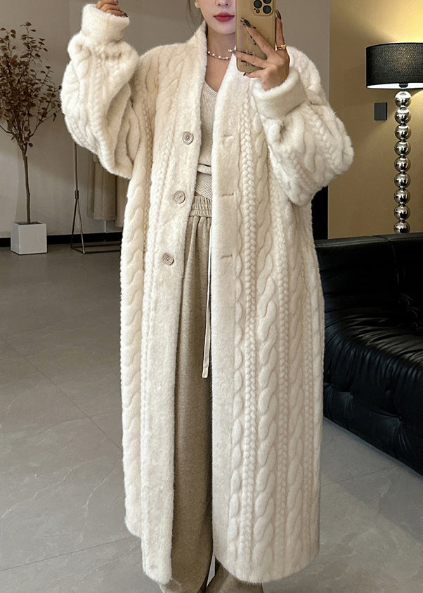 Beige V Neck Button Mink Hair Leather and Fur Long Coats Winter