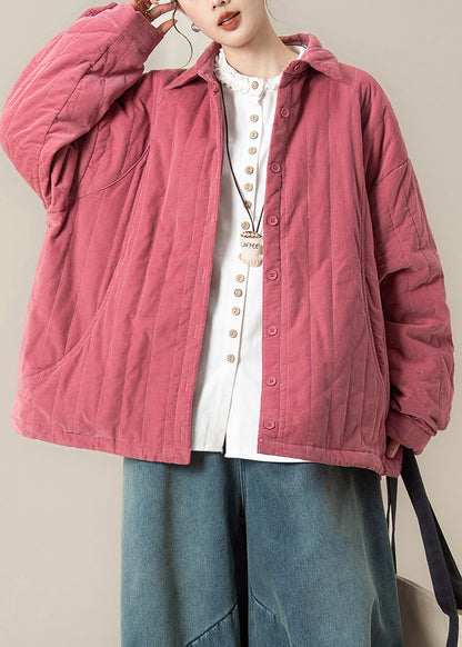 French Rose Oversized Striped Fine Cotton Filled Coat Winter