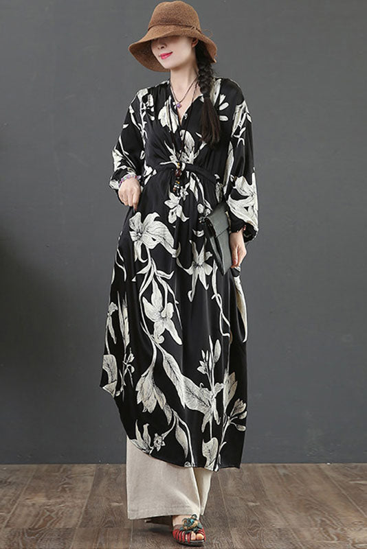 -spring New Cotton Linen Dress Yellow Print Long Dress