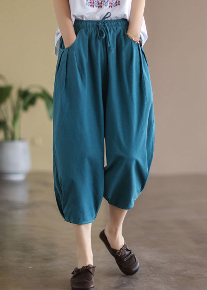 Italian Blue Wrinkled Pockets Linen Crop Pants Summer