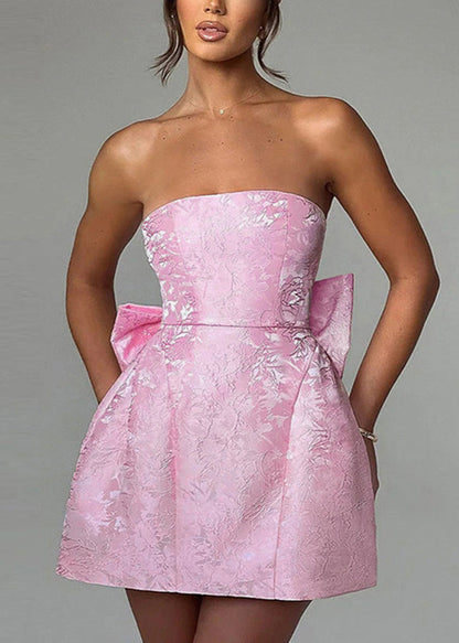 Pink Jacquard Strapless Bow Mini Dress Sleeveless