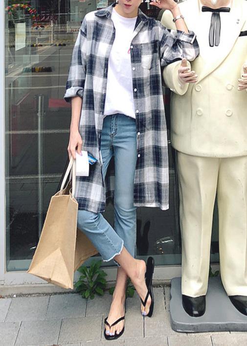 Lapel Pockets Linen Cotton Tops Plaid Baggy Shirt