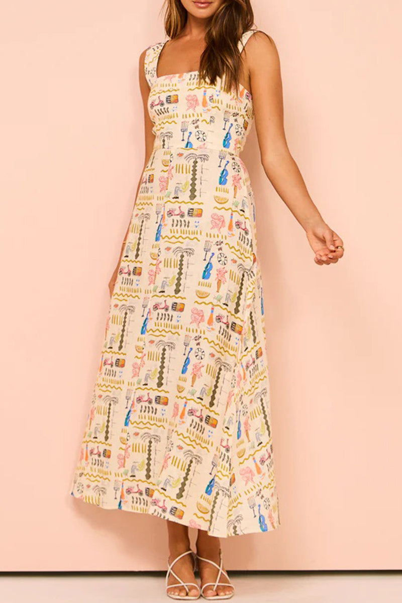 Character Print Patchwork Square Collar Printed Dresses