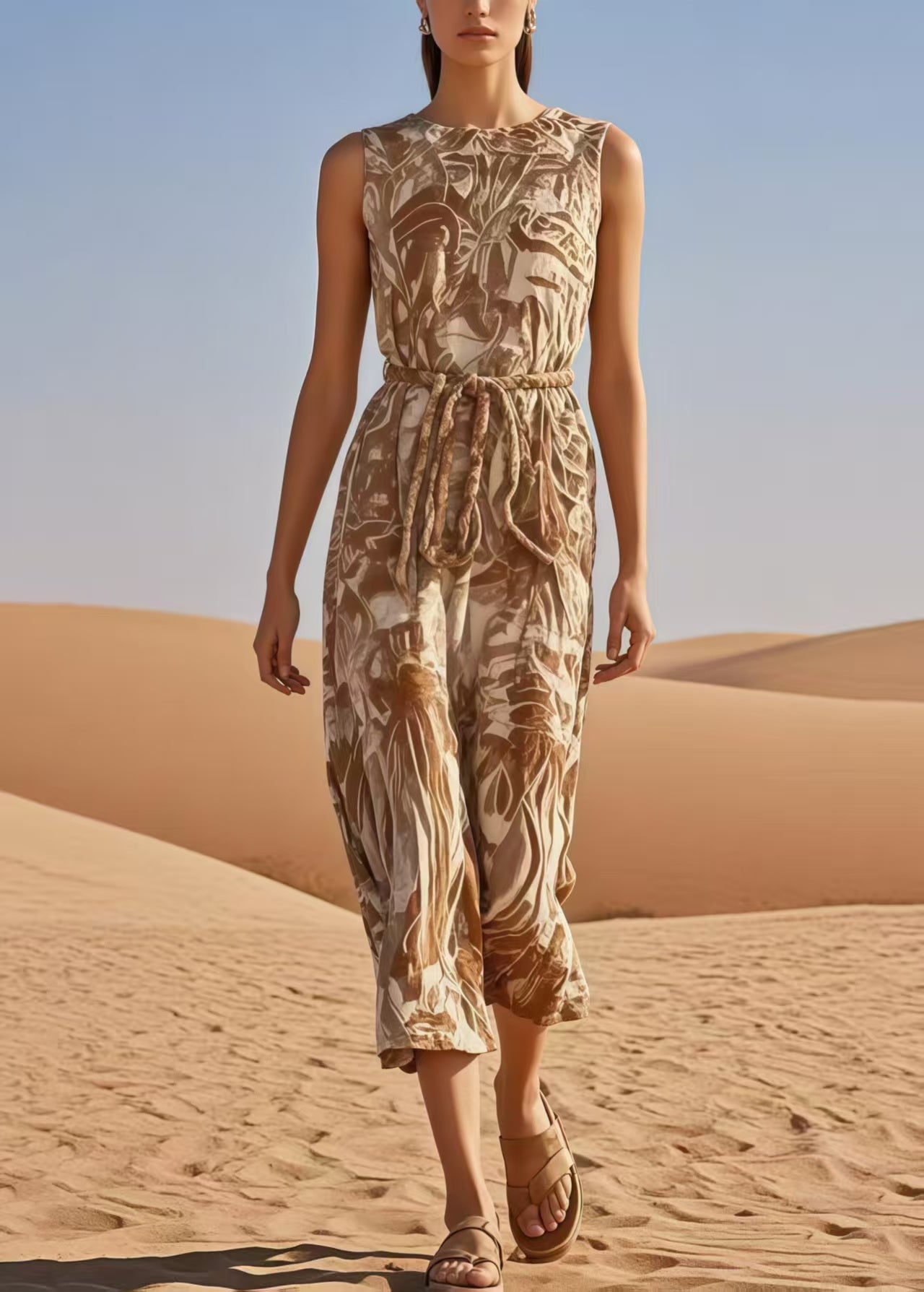 Khaki Cinched Print Cotton Jumpsuits Summer