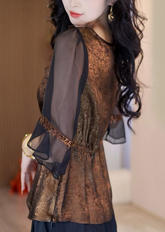 French Style New Coffee Asymmetrical Patchwork Chiffon Top Summer