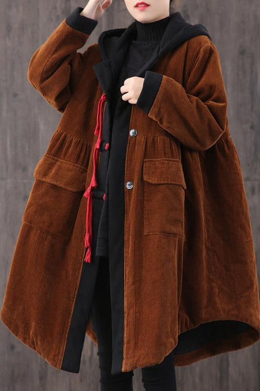Mid-length Retro Winter Padded Warm Corduroy Coat Hooded Green Trench Coat Corduroy Over Coat
