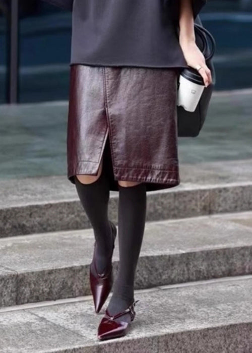 Stylish Coffee Front Open High Waist Faux Leather Skirts Fall