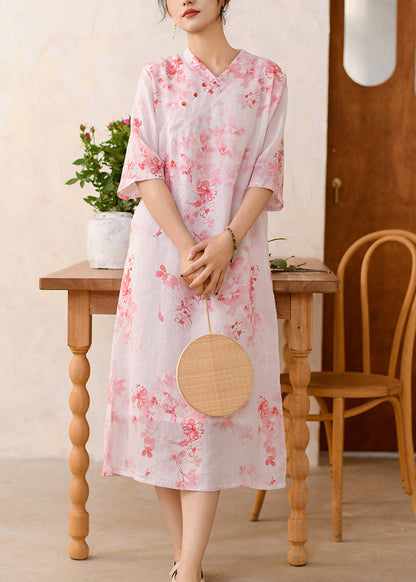 Original Design Blue V Neck Print Linen Dress Summer
