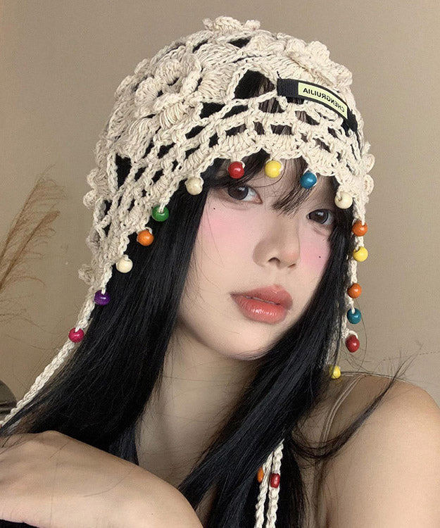 Beige Tassel Hollow Out Knit Boonie Hat